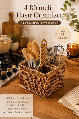 Porsima Dhz07349 Dekoratif Doğal Hasır 4 Bölmeli Banyo Mutfak Organizeri Banyo Mutfak Düzenleyici 15x15x11,5cm Diğer