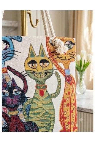 Genel Markalar Goblen Kadın Omuz Çantası+ Kedi Desen5 Krem.karışık Renkli Desenli