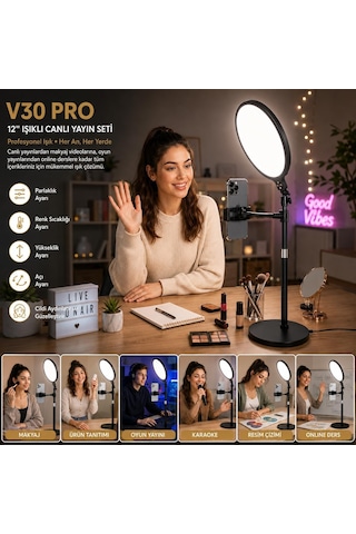 12 İnç Ring Light Telefon Tutuculu, 2700k-6500k Ayarlanabilir Işıklı Halka Lamba, Alüminyum Alaşımlı Canlı Yay