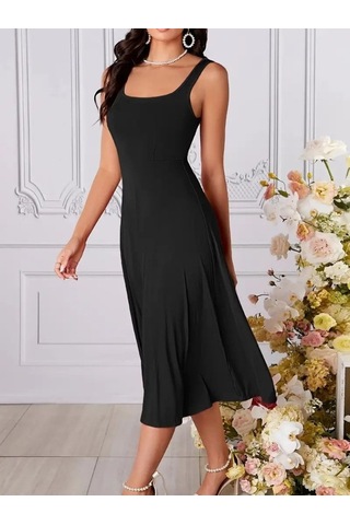 Soonaksesuar Kadın Askılı Geometrik Yakalı Geniş Kesim Detaylı Ithal Krep Elbise Siyah