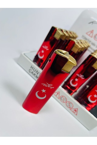 Hunter Türk Bayraklı Kırmızı Metal Kasa Çakmak Pürmüzlü