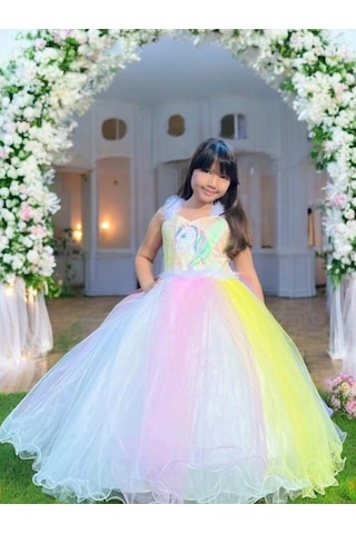 Kız Çocuk Unicorn Etekleri Gökkuşağı Tarlantanlı Abiye Elbise-15466 Çok Renkli