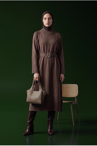 Armine Trend Kemer Detaylı Balıkçı Yaka Uzun Kollu Ribanalı Triko Elbise Mocha 26ktd911