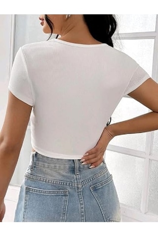 Rooted-kadın Kare & Havuz Yaka Crop T-shirt ,likralı Fitilli Kaşkorse Kumaş Beyaz