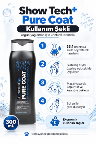 Showtech Pure Coat Yağ Giderici Kedi Köpek Şampuanı 300 Ml - 35:1 Konsantre İle Arındırıcı Şampuan