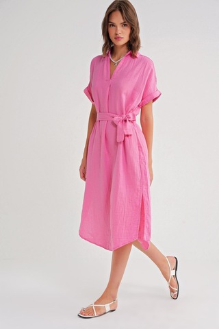 4720 Kadın Pile Detaylı Bağlamalı V Yaka Müslin Elbise Pembe Pembe