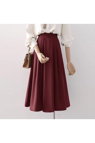 Zanzea Yaz Kadın Yüksek Bel Pileli Düz Renk Bol A Kesim Etek Şarap Kırmızısı Bordo