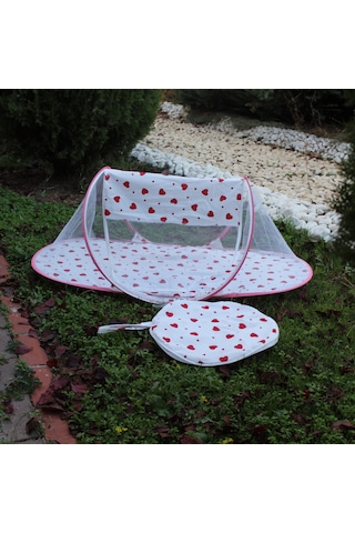 Çantalı Katlanabilir Bebek Cibinlik Gölgelik Çadırı 60x120 Cm Kalp Desenli, Sinek Ve Haşere Koruma