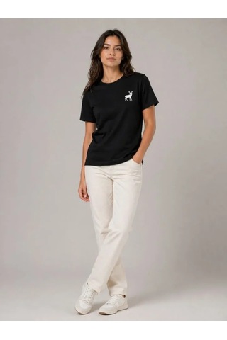 Efnaz Style Minimal Geyik Logolu Tişört Bisiklet Yaka Kısa Kol Yazlık T-shirt - Siyah