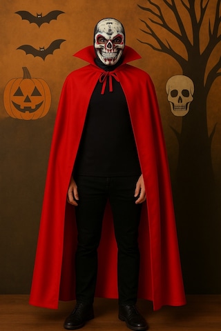 Yetişkin Kırmızı Yakalı 120 Cm Vampir Pelerini Ve Kanlı Kafatası Maskesi Seti Halloween Kostüm
