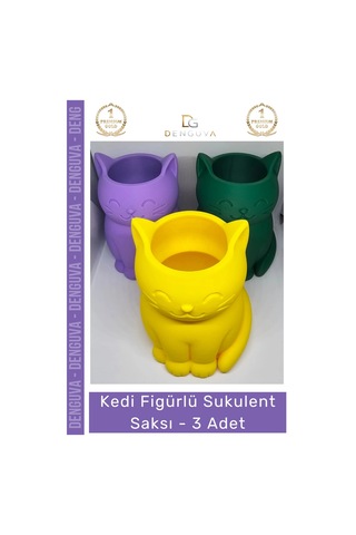 Sukulentsaksısı Dekoratif Renkli 11 Cm Home Ofis 3d Baskı Kedi Figürlü Sukulent Saksı - 3 Adet