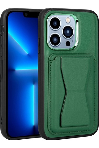 Zeyline Apple Uyumlu iPhone 12 Pro Max Kartlıklı Standlı Pu Deri Zore Memo Kapak-koyu Yeşil
