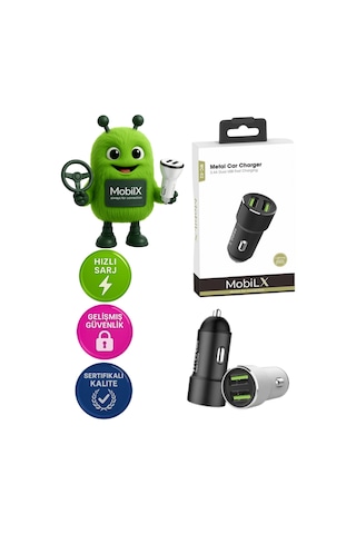 Mobilx Mc-02 2.4a Çift Usb Portlu Metal Araç Şarj Cihazı Type-c Ve Lightning Kablo Uyumlu Siyah