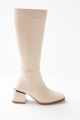 Kadın Topuk Detaylı Yandan Fermuarlı Uzun Çizme Bej