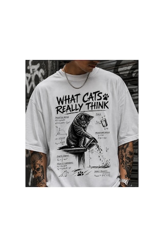 Qmen Style Unisex Beyaz Oversize Baskılı T-shirt Uzman Kedi Dolar %100 Pamuk