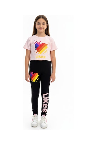 Toontoy Kids Toontoy Kız Çocuk Bisiklet Yaka Kısa Kollu Baskılı Crop Tişört - Beli Lastikli Basklı Tayt 11050 Pudra