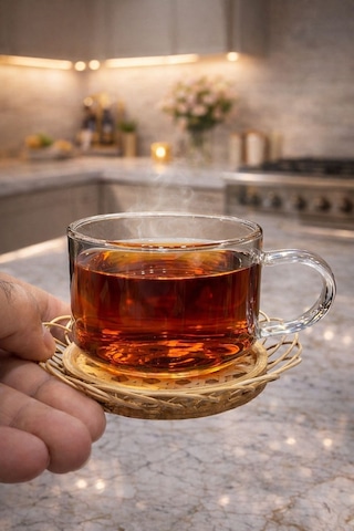 Qerhome 6'lı Borosilikat Cam Bambu El Yapımı Rattan Tabaklı Çay Ve Kahve Fincanı180 Ml Şeffaf