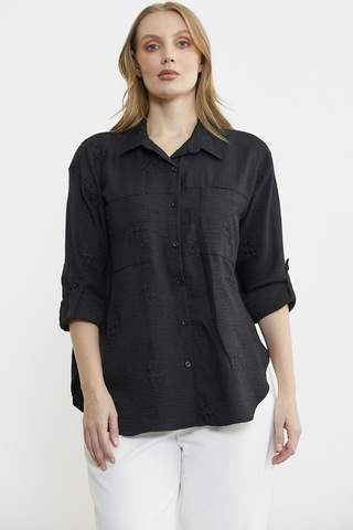 Çiçek Nakış Detaylı Cepli Gömlek - Siyah Siyah