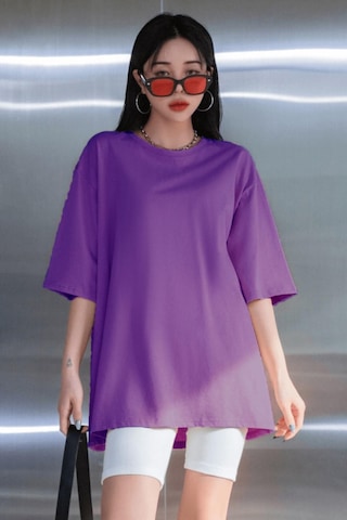 Mor Basic Düz Baskısız Oversize Salas Boyfriend Kadın T-Shirt Mor