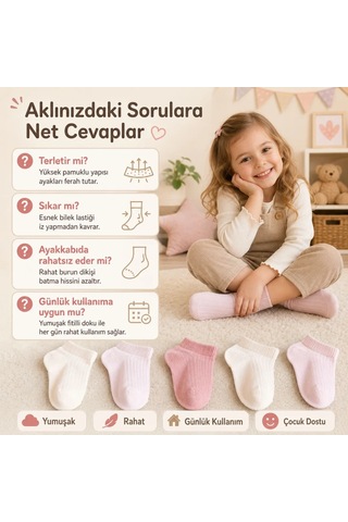 Womanandkids Wak 5 Li Fitilli Kız Çocuk Çorap Seti Pamuklu Rahat Burunlu Sıkmayan Bilek Pastel Renkli Çok Renkli 5li