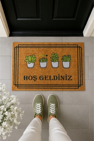 Saksı Figürlü Hoşgeldiniz Retro Tasarım Dekoratif Kapı Önü Paspası 40x60cm Çok Renkli