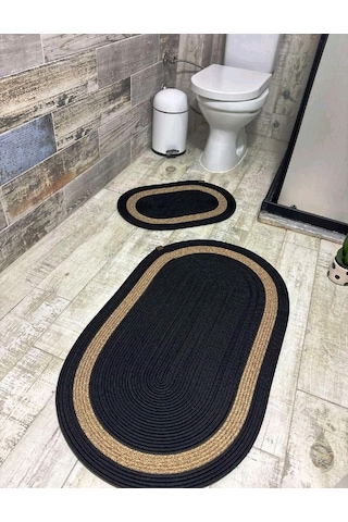 Jüt Hasır 2li Banyo Paspas Takımı-siyah Ortası Bej Bej