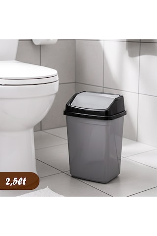 Porsima 0102 Kapaklı Gri-siyah Çöp Kutusu - Favori Banyo Ve Mutfak Çöp Kovası 2,5lt Gri