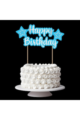 Mavi Gümüş Yıldız Temalı Happy Birthday Kaligrafi Pasta Üstü Süs Tüm Yaşlar