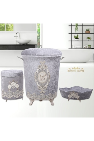 Lisa Gri 3Lü Kadife Banyo Kirli Çamaşır Sepeti Seti Gri
