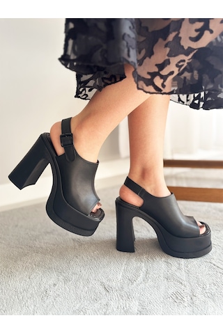 Asmi Shoes Kadın Veronica Siyah Cilt 12 Cm Önü Ve Arkası Açık Platform Topuklu Ayakkabı