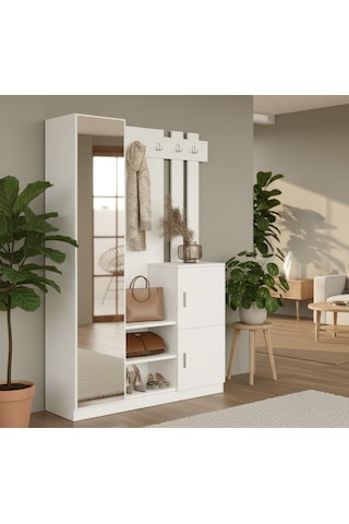 Robin Home Aynalı Vestiyer Portmanto Ayakkabılık Beyaz Beyaz