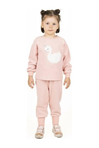Kız Çocuk Kuğu Desenli Peluş Sweatshirt-13510 Pudra