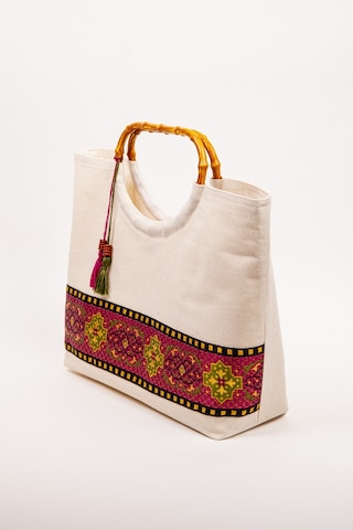 Fabric Craft Bag El Çantası Kanvas Etnik Dokuma Bordürlü Beyaz