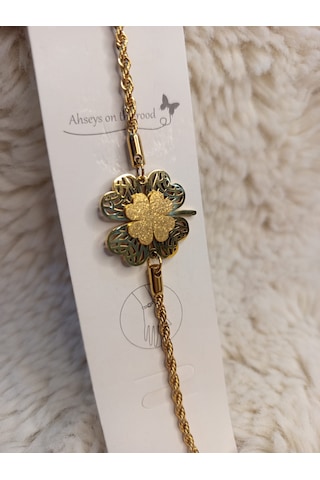 Stainless Steel Hasır Kordon Yonca Çelik Bileklik Gold
