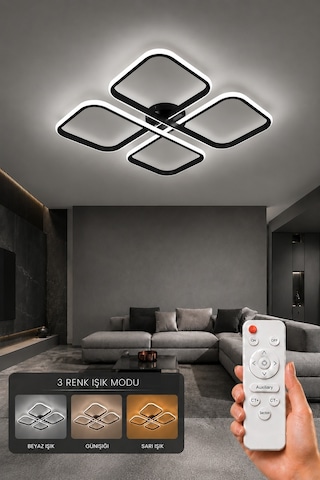 Nuvo Led Plafonyer Avize 3 Renk Kumandalı Siyah