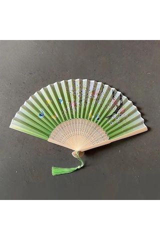 Beluga Yelpaze Bambu Vintage Yeşil Kelebekli Bahar Dalı Desenli Şık Püsküllü Japon Yelpaze 0259