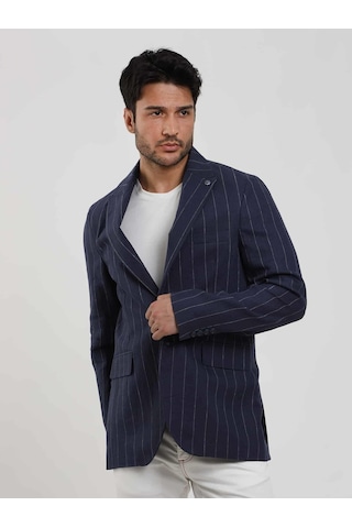 Dufy Lacivert Erkek Regular Fit Çizgili Sivri Yaka Keten Ceket - 104439-lacivert Lacivert