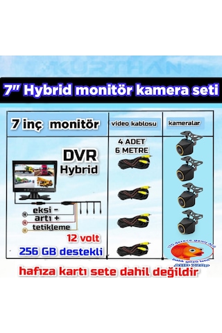 4 Adet 4x3 Cm. Ahd 720p 170 Derece Balık Gözü Lens Kamera 7 İnç 256 Gb Qled Dvr Monitör Seti 12 V
