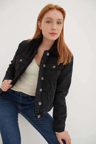Fashion Frends İçi Kürklü Denim Ceket Siyah