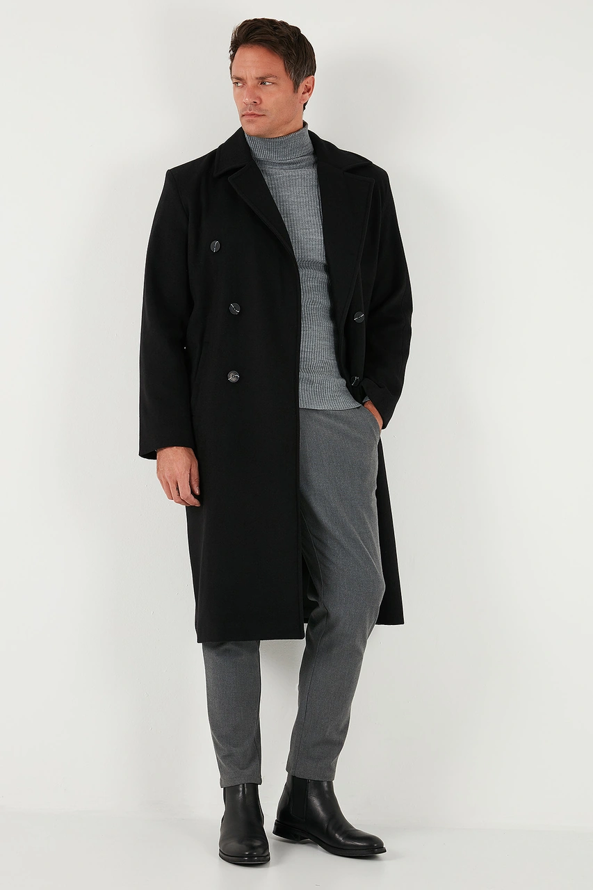 Buratti Loose Fit Kruvaze Yaka Uzun Astarlı Kaşe Erkek Kaban 681003 Siyah