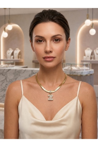 Premium Gold Renk 316l Çelik Z Harf Model Parlak Ve Şık Taşlı Vıp Seri Kolye 45cm Altın