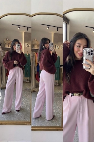 De Pose Kadın Triko Peluş Kazak Bordo