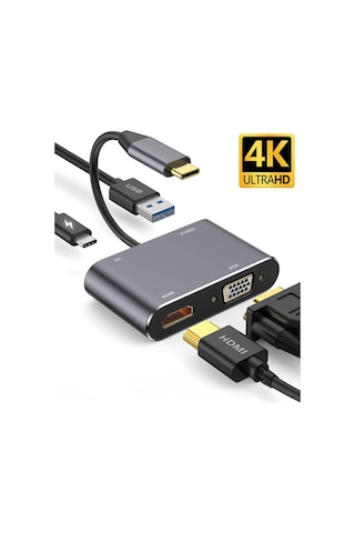 Thentech Usb C'den 4k Hdmı Vga Adaptörü Usb 3.0 Şarj Güç Portu İle All-in-one Hub Görüntü Aktarma Adaptörü
