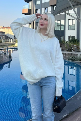 Madmext Ekru Bisiklet Yaka Oversize Triko Kazak Mg1969 - Ekru