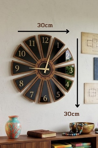 Dekoratif Ahşap Duvar Saati Parçalı Tasarım Modern Duvar Saati Sessiz Mekanizmalı 30x30cm Ahşap - Siyah