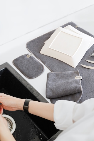 Gri Microwell 3 Prç Set Microfiber Bulaşık Kurutma Matı 3'lü Mutfak Seti Kurulama Bezi Örtüsü