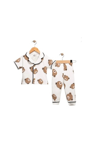 Ayıcık Baskılı Yazlık Pijama Takımı -1163 Beyaz