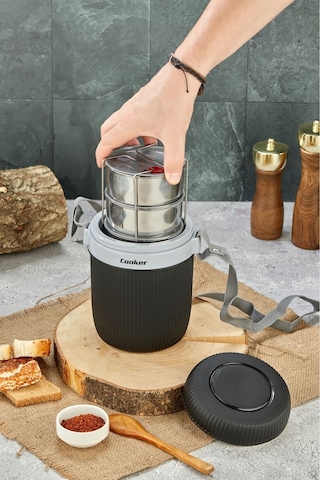 Cooker 3147 Siyah Lüx 1,2 Litre Çelik Hazneli 3'lü Yemek Termosu