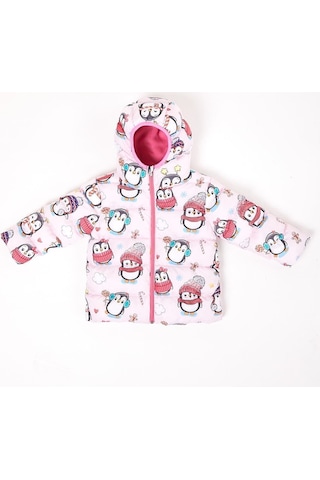 Freemen Polarlı Kürklü Kapüşonlu Penguen Şeker Desenli Kışlık Kız Çocuk Şişme Mont - Pembe