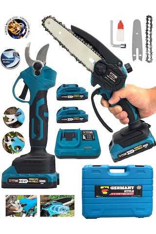 Germany Style GRM-99880 Çift Akülü Şarjlı Ağaç Dal Kesme + Budama Makası Testere 2'li Set